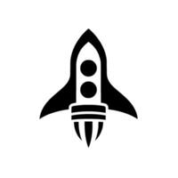 A minimalist black and white rocket ship illustration featuring a stylized design, two circular windows, and a focused, central composition on a white backdrop. vector