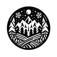 A stark, monochrome emblem depicting a winter landscape within a circle, showcasing stylized mountains, trees, snowflakes, and a radiant moon, evoking tranquility. vector