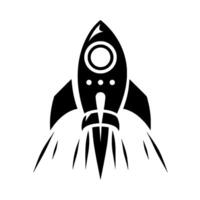 A sleek black and white illustration of a rocket ship blasting off, featuring a stylized with clean lines and a minimalist aesthetic against a white background. vector