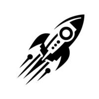 Bold, minimalist black and white illustration of a rocket ship in midflight, with stylized exhaust trails. vector
