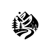 Serene black and white mountain scene stylized illustration featuring mountain peaks, evergreens, a winding path, and a celestial sun, encased in a circular frame. vector