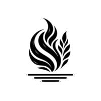 A minimalist, stylized emblem of a stylized flame and foliage intertwined, presented in bold black and white, resting above waterlike lines. vector