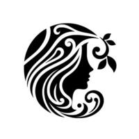 Elegant silhouette of a woman adorned with flowing hair and botanical elements, encapsulated in a circle, black on white. vector