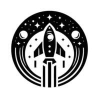 Black and white circular featuring a stylized rocket ship blasting off amidst stars, moons, and stylized exhaust trails, evoking space exploration. vector
