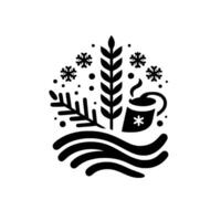 A minimalist winter scene featuring a steaming mug, snowflakes, foliage, and a stylized water element in monochromatic design. vector