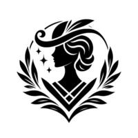 Elegant silhouette a stylized black and white depiction of a womans profile in a hat and adorned with foliage, framed by a wreath and stars. vector