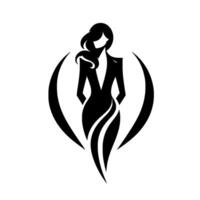 Elegant silhouette of a woman in a stylish suit, framed by abstract arcs, in a minimalist black and white design. vector