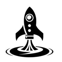 A minimalist black and white illustration of a rocket taking off, with stylized flames and a circular trail against a pure white background, evoking movement. vector