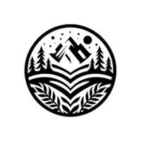 A stylized, monochrome circular design, featuring mountains, pine trees, a rising sun and leafy elements, creating a minimalist natureinspired illustration. vector