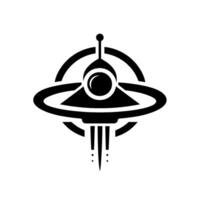 Black and white geometric minimalist of a stylized ufo with circular and angular elements, exuding a retro scifi aesthetic. vector