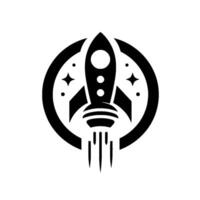A bold monochrome illustration of a rocket ship launching from a circular frame, surrounded by stars and dots, conveying space exploration and ambition. vector