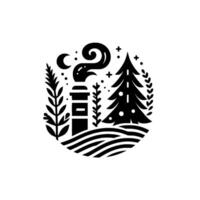 Stylized black white winter scene chimney with smoke, pine tree, crescent moon, stars, within a circular frame. vector