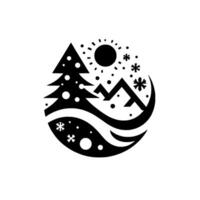 Monochromatic winter landscape featuring a stylized fir tree, mountains, sun, snowflakes, and flowing lines within a circular frame, evoking a serene, seasonal ambiance. vector