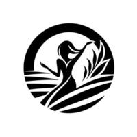 Silhouette of a woman with flowing hair and raised arms, surrounded by flowing lines and foliage within a circular frame. a minimalist, elegant composition. vector