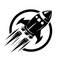 A dynamic, black and white featuring a stylized rocket ship within a circle, emitting thrust, suggesting speed, progress and innovation. vector