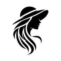 Elegant silhouette of a woman wearing a widebrimmed hat, featuring flowing hair and a classic profile, in a minimalist design. vector
