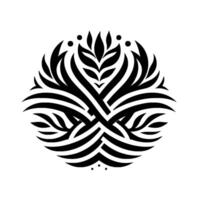 A symmetrical, stylized botanical illustration in monochrome, featuring intertwined leaflike forms radiating outward, resembling a floral emblem or element. vector