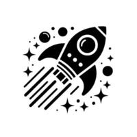 A stylized, monochromatic illustration featuring a sleek, black rocket soaring upwards, surrounded by stars, and celestial bodies, signifying adventure. vector