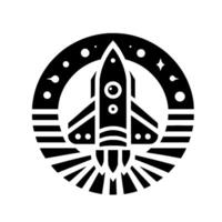 Stylized black and white rocket ship silhouette soaring through a celestial circle of stars and rays on white background vector