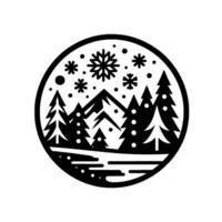 A minimalist black and white circular illustration depicting a snowcovered mountain scene with pine trees, snowflakes, and a flowing river, all within a serene winter setting. vector