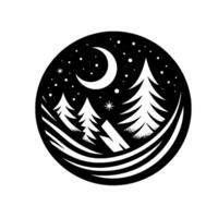 Monochrome nightscape a stylized winter scene enclosed in a circle, featuring trees, moon, stars, and a mountain silhouette. vector