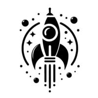 A bold black and white minimalist illustration of a rocket ship blasting off within a stylized space scene, evoking a sense of adventure and progress. vector