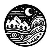A monochrome circular illustration depicts a serene nighttime landscape featuring mountains, trees, stars, a crescent moon, and stylized natural elements, creating a harmonious scene. vector