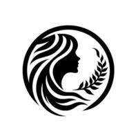 Silhouette of a woman with flowing hair and laurel branch within a circular frame, exuding elegance and grace in monochromatic style. vector