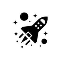 A minimalist black and white illustration of a retro rocket ship soaring through a starfilled space with geometric planets. vector