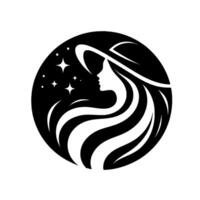 Silhouette of a woman with flowing hair in a circle, adorned with a hat, stars, and elegant, modern design. vector