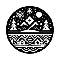 A stylized, monochrome winter landscape encased within a circle, featuring snowcovered mountains, falling snowflakes, a full moon, pine trees, and quaint houses. vector