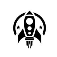 A minimalist black and white rocket ship illustration, framed by a stylized planet or arc, with stars adorning the design, evoking a sense of exploration. vector