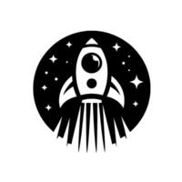 A minimalist black and white of a retrostyle rocket ship launching upwards, set against a circular background dotted with stars. vector