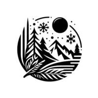 A stylized winter scene, with mountains, trees, snowflakes, and a sun within a circular frame, rendered in bold black and white. vector