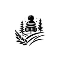 A stylized black and white winter featuring a pompom hat, two fir trees, a wheat branch, and a stylized landscape against a white background. vector