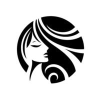 Elegant silhouette a womans profile contained within a black circle, showcasing flowing hair and a calm expression. vector