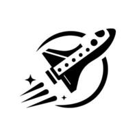 A stylized, monochromatic illustration of a rocket ship blasting off within a circular arc, with stars accenting its trail, creating a dynamic sense of movement and space exploration. vector