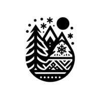 Stylized monochrome winter landscape within a teardrop, featuring mountains, trees, snowflakes, a sun, and decorative geometric patterns. vector