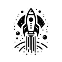 A retrostyle, black and white rocket launching into space, surrounded by stars and celestial bodies, symbolizing innovation. vector