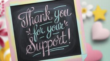 A chalkboard with the words Thank you for your support written on it photo