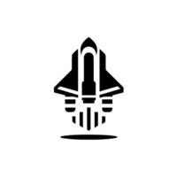 A stylized, black and white, minimalist illustration of a space shuttle taking off, with clean lines against a gradient background. vector