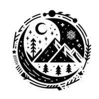 Monochrome circular illustration depicting a winter night scene with mountains, crescent moon, stars, snowflakes, and trees within a decorative border. vector