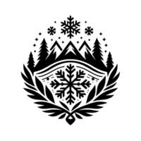 A symmetrical black and white winter emblem depicting mountains, fir trees, snowflakes, and laurel leaves within a teardropshaped frame, evoking a sense of serenity. vector