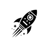 Illustration of a minimalist black rocket ship with retro design, leaving a trail of stars and smoke against a white background. vector