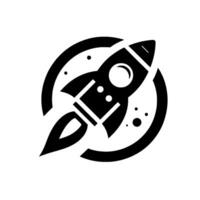 A stylized black and white rocket ship icon, depicted taking off inside a circular frame with scattered dots representing stars in a simple, minimalist style. vector