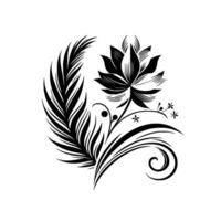 An elegant black and white floral with a stylized lotus flower and feather, on a plain white background. vector