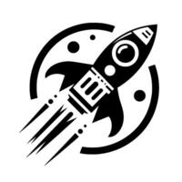 Black and white illustration of a rocket ship launching through space, encircled by planetary elements, exuding a sense of progress. vector