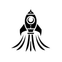 A monochrome, stylized rocket ship blasting off, silhouetted against a stark white background, with detailed engine flame. vector