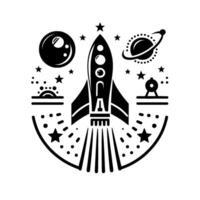 A minimalist black and white illustration depicting a rocket launching into space, surrounded by planets, stars and celestial objects vector