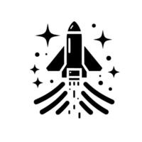 Stylized black and white illustration of a rocket launching into space, surrounded by stars and specks, representing flight. vector